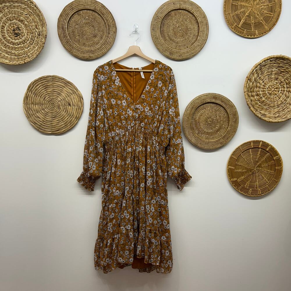 NY Collection Long Sleeve Midi Dress Plus Size 2X Flower Floral Yellow Feminine - Picture 2 of 9